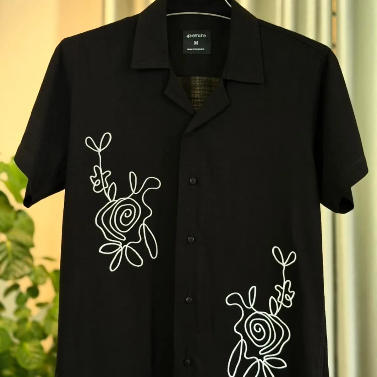 Black Floral Embroidery Cuban Collar Shirt