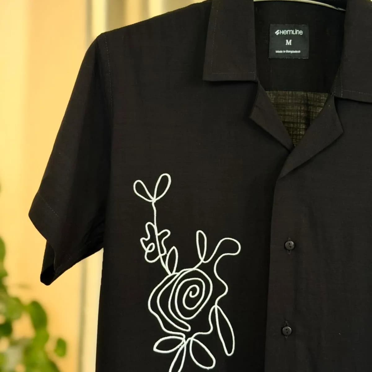 Black Floral Embroidery Cuban Collar Shirt — view 2