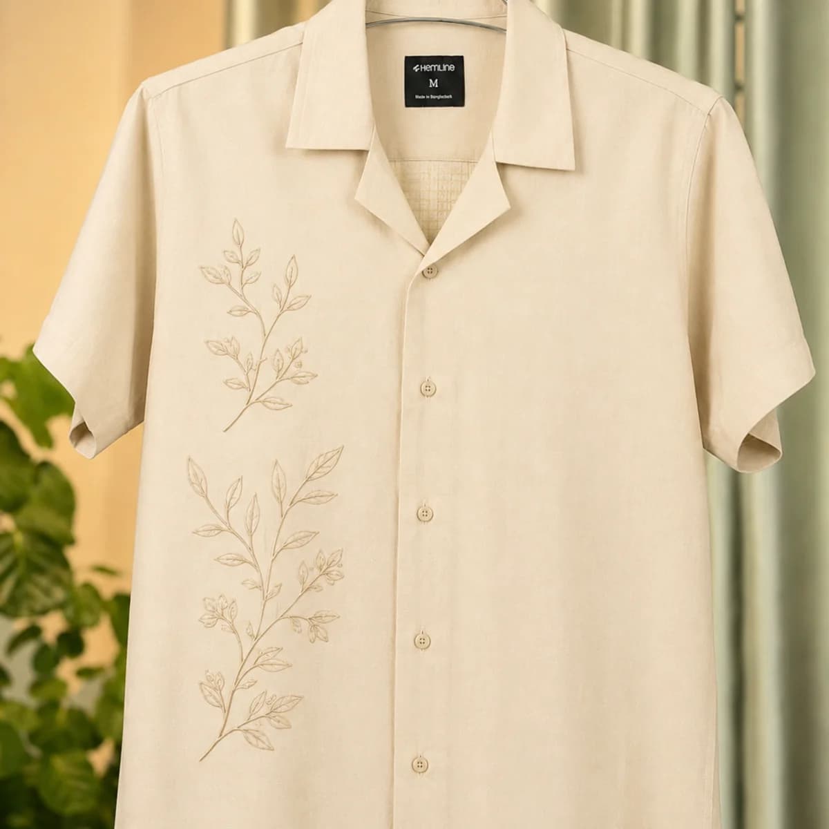 Cream Botanical Embroidery Cuban Collar Shirt